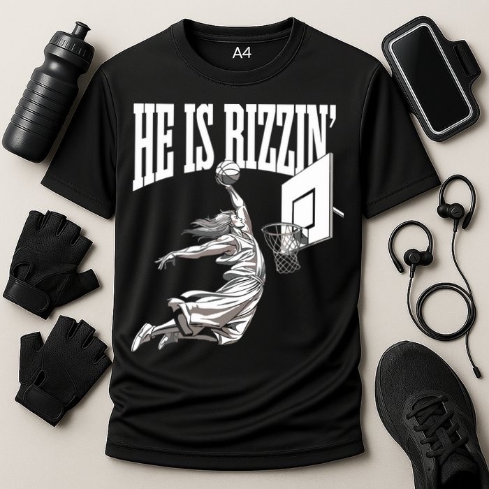 He Is Rizzin Basketball Jesus Dunk Memes Humor Cooling Performance Crew T-Shirt