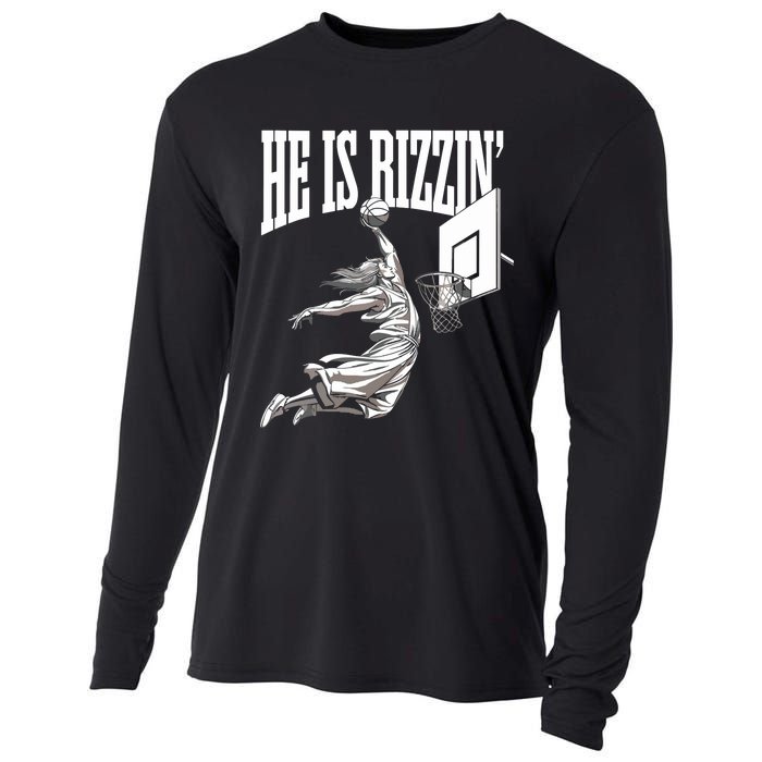 He Is Rizzin Basketball Jesus Dunk Memes Humor Cooling Performance Long Sleeve Crew