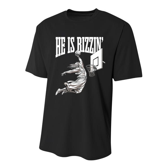 He Is Rizzin Basketball Jesus Dunk Memes Humor Youth Performance Sprint T-Shirt