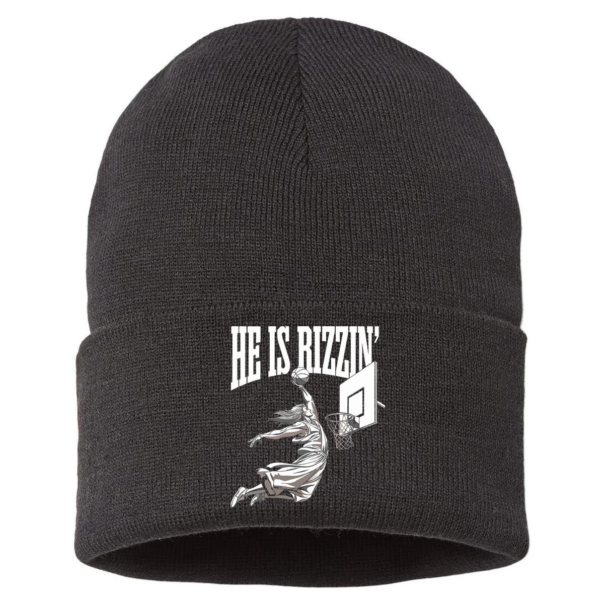 He Is Rizzin Basketball Jesus Dunk Memes Humor Sustainable Knit Beanie