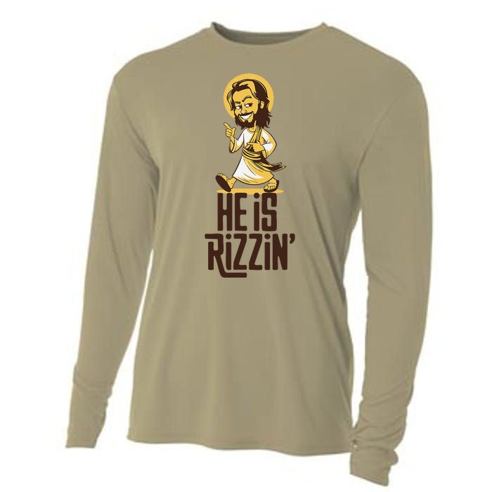 He Is Rizzin Funny Christian Jesus Christ Rizz Risen Easter Cooling Performance Long Sleeve Crew