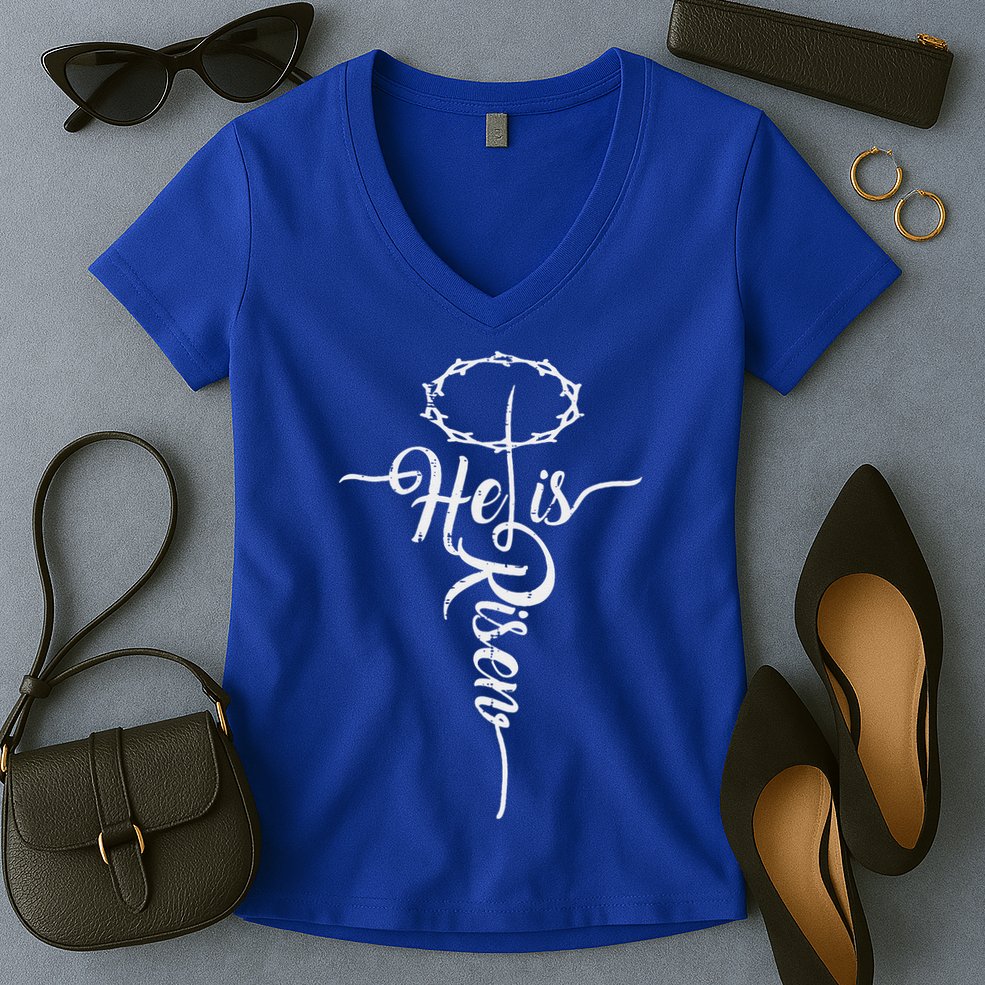 He Is Risen Cross Jesus Religious Easter Day Christians Women's V-Neck T-Shirt