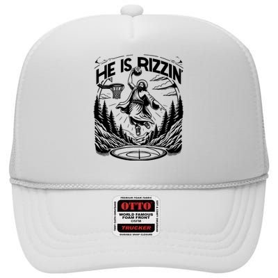 He Is Rizzin Funny Basketball Christian Religious Gift High Crown Mesh Back Trucker Hat