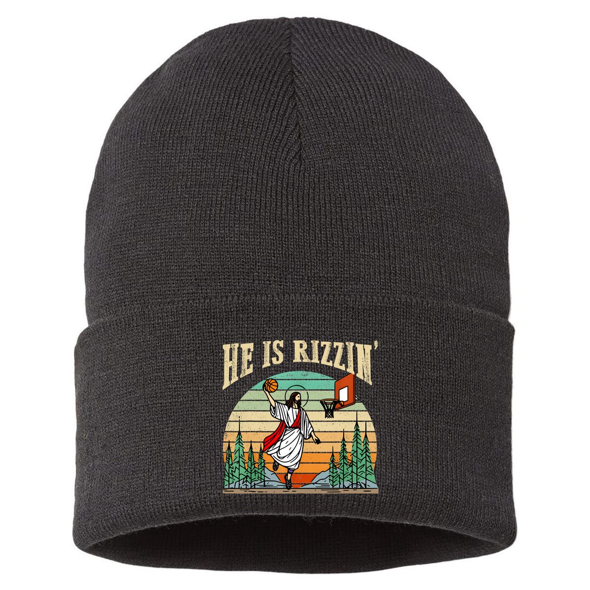 He Is Rizzin Funny Basketball Easter Christian Religious Sustainable Knit Beanie