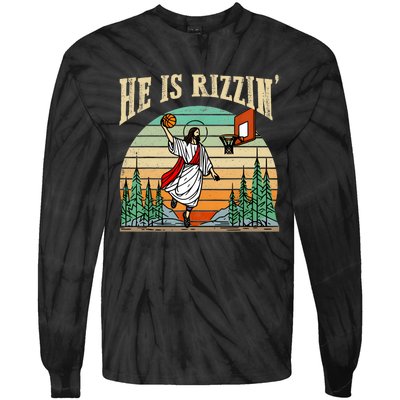 He Is Rizzin Funny Basketball Easter Christian Religious Tie-Dye Long Sleeve Shirt