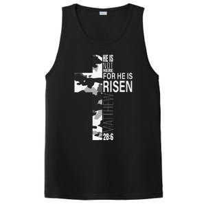 He Is Risen Christian Easter Bible Verse Camo Cross Graphic PosiCharge Competitor Tank