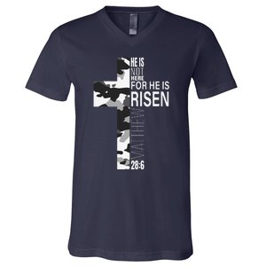 He Is Risen Christian Easter Bible Verse Camo Cross Graphic V-Neck T-Shirt