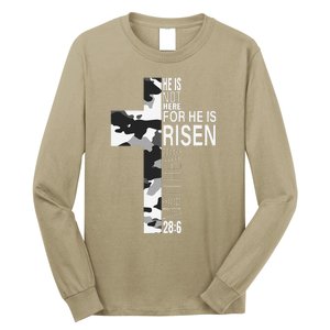 He Is Risen Christian Easter Bible Verse Camo Cross Graphic Long Sleeve Shirt