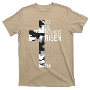 He Is Risen Christian Easter Bible Verse Camo Cross Graphic T-Shirt