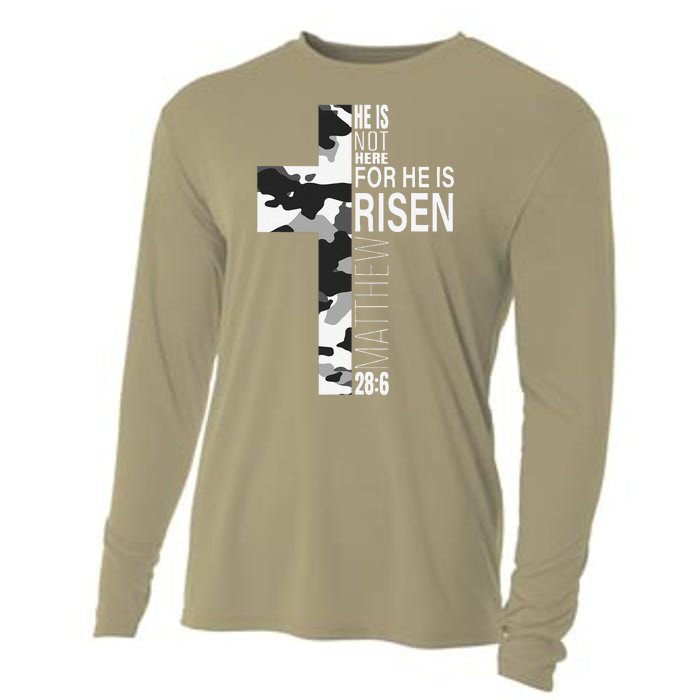 He Is Risen Christian Easter Bible Verse Camo Cross Graphic Cooling Performance Long Sleeve Crew