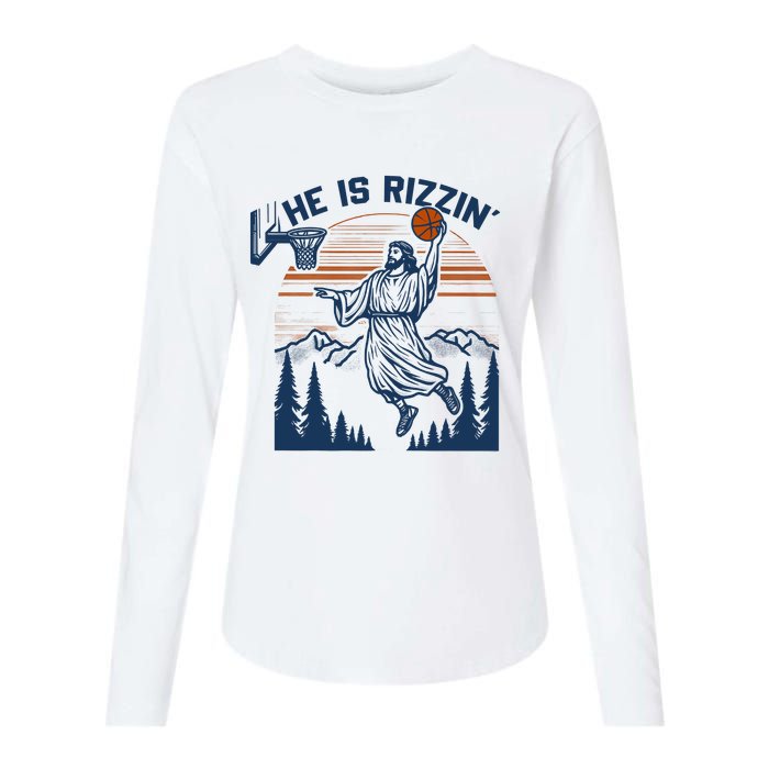 He Is Rizzin Funny Jesus Playing Basketball Womens Cotton Relaxed Long Sleeve T-Shirt