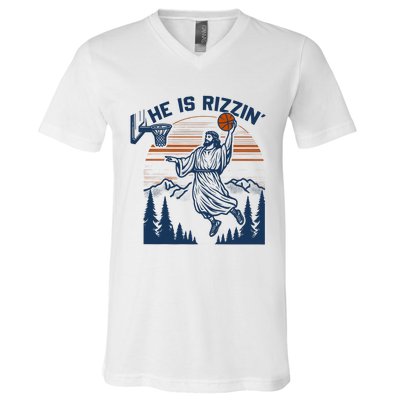 He Is Rizzin Funny Jesus Playing Basketball V-Neck T-Shirt