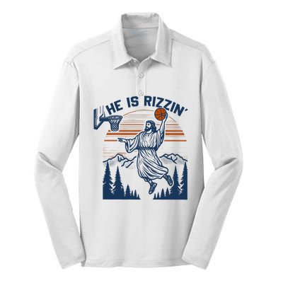 He Is Rizzin Funny Jesus Playing Basketball Silk Touch Performance Long Sleeve Polo