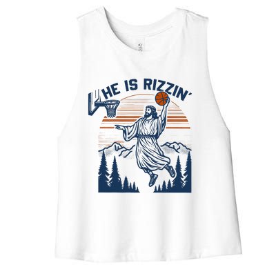 He Is Rizzin Funny Jesus Playing Basketball Women's Racerback Cropped Tank