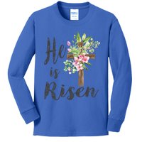 He Is Risen Floral Cross Vintage Happy Easter Day Gift Kids Long Sleeve Shirt