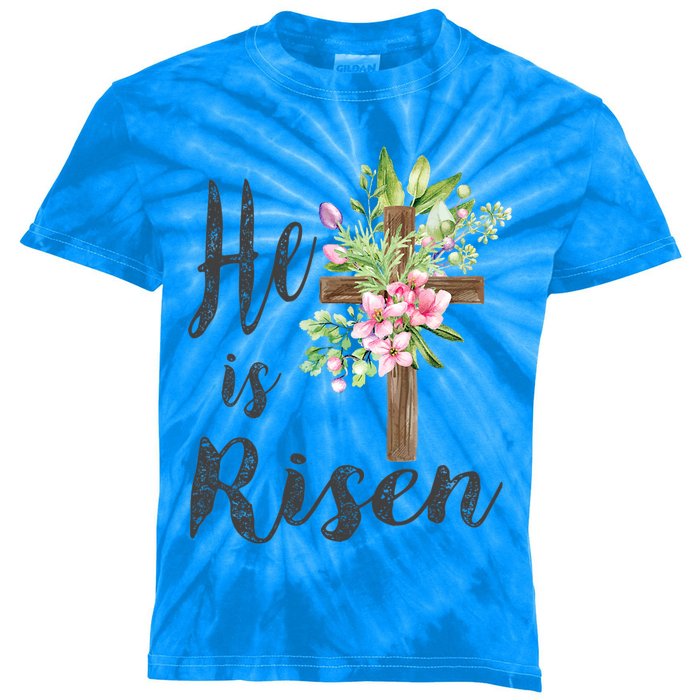 He Is Risen Floral Cross Vintage Happy Easter Day Gift Kids Tie-Dye T-Shirt