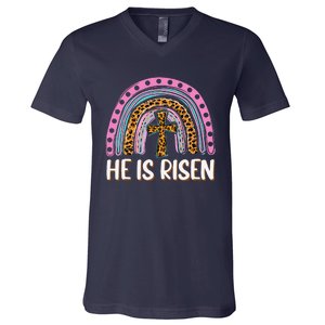 He Is Risen Leopard Rainbow Christian Jesus Happy Easter Day V-Neck T-Shirt