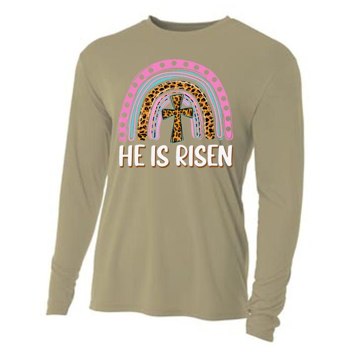 He Is Risen Leopard Rainbow Christian Jesus Happy Easter Day Cooling Performance Long Sleeve Crew