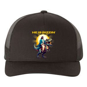 He Is Rizzen Jesus Has Rizzen Retro Christian Dinosaur Yupoong Adult 5-Panel Trucker Hat