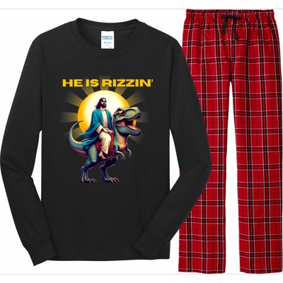 He Is Rizzen Jesus Has Rizzen Retro Christian Dinosaur Long Sleeve Pajama Set