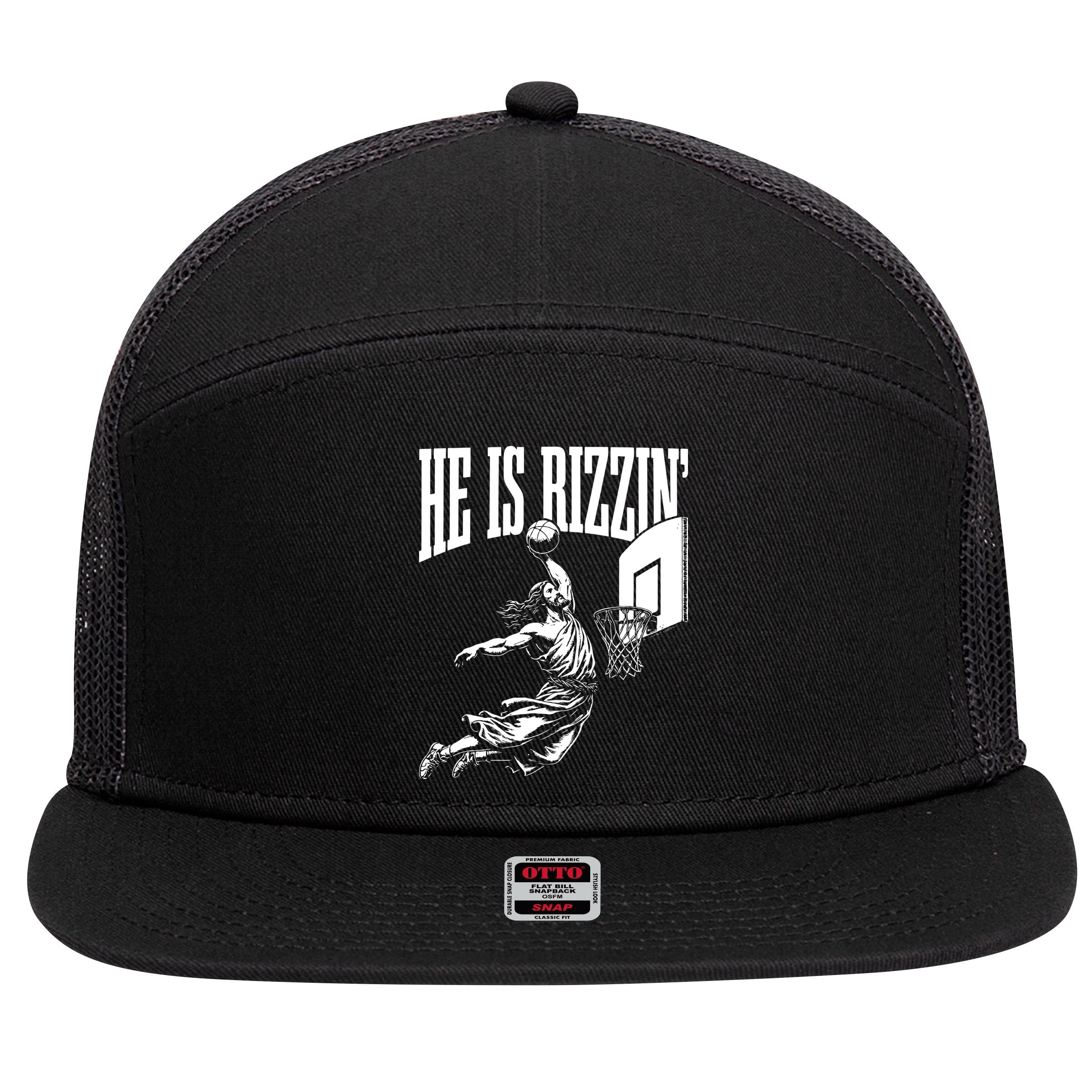 He Is Rizzin Funny Jesus Basketball Meme 7 Panel Mesh Trucker Snapback Hat
