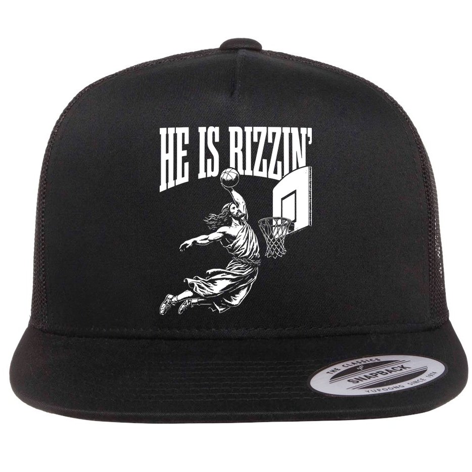 He Is Rizzin Funny Jesus Basketball Meme Flat Bill Trucker Hat