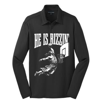 He Is Rizzin Funny Jesus Basketball Meme Silk Touch Performance Long Sleeve Polo