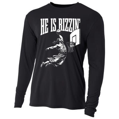 He Is Rizzin Funny Jesus Basketball Meme Cooling Performance Long Sleeve Crew