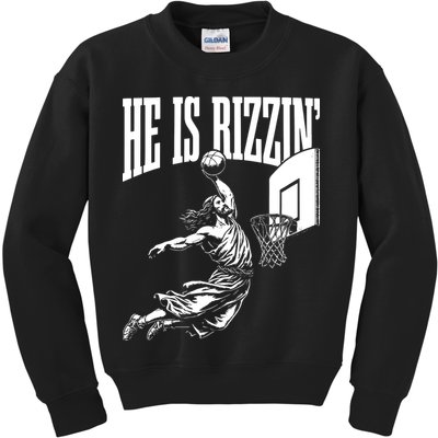 He Is Rizzin Funny Jesus Basketball Meme Kids Sweatshirt