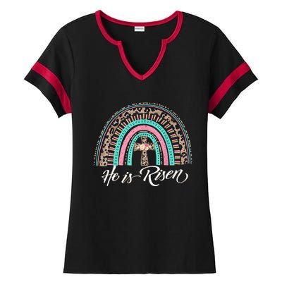 He Is Risen Christian Easter Rainbow Leopard Mom Gift Ladies Halftime Notch Neck Tee