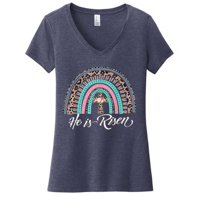 He Is Risen Christian Easter Rainbow Leopard Mom Gift Women's V-Neck T-Shirt