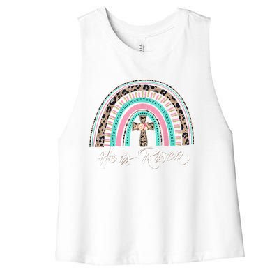 He Is Risen Christian Easter Rainbow Leopard Mom Gift Women's Racerback Cropped Tank