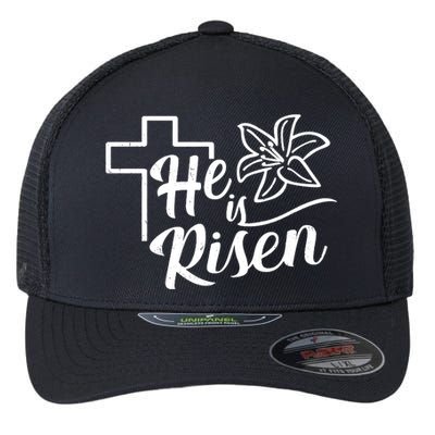 He Is Risen Easter Jesus Cross Flexfit Unipanel Trucker Cap