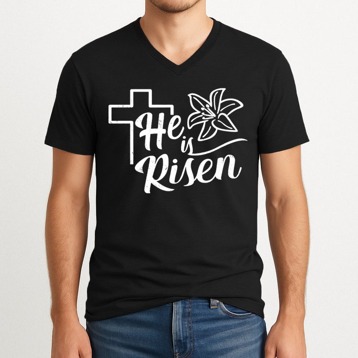 He Is Risen Easter Jesus Cross V-Neck T-Shirt