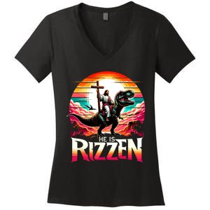 He Is Rizzen Jesus Has Rizzen Retro Christian Dinosaur Women's V-Neck T-Shirt