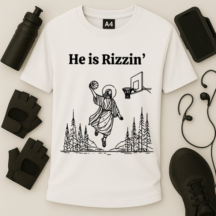 He Is Rizzin Basketball Jesus Funny Easter Christian Cooling Performance Crew T-Shirt