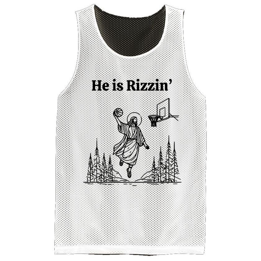 He Is Rizzin Basketball Jesus Funny Easter Christian Mesh Reversible Basketball Jersey Tank