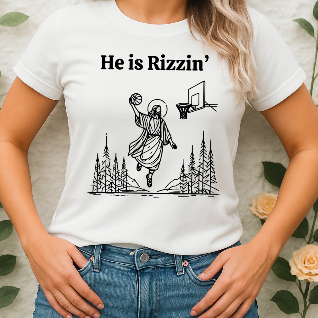 He Is Rizzin Basketball Jesus Funny Easter Christian Womens T-Shirt