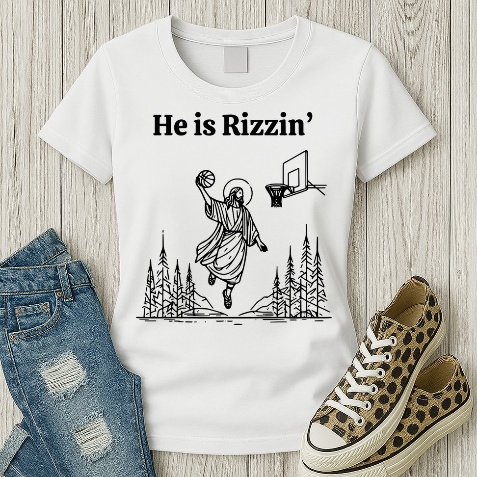 He Is Rizzin Basketball Jesus Funny Easter Christian Womens T-Shirt