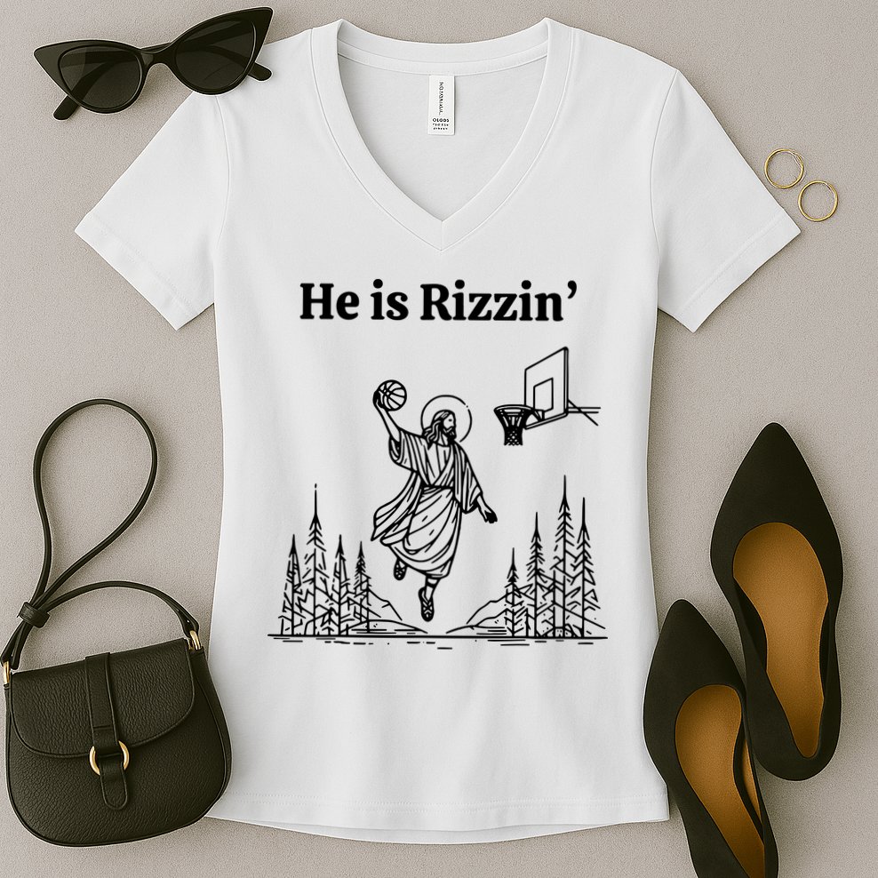 He Is Rizzin Basketball Jesus Funny Easter Christian Women's V-Neck T-Shirt