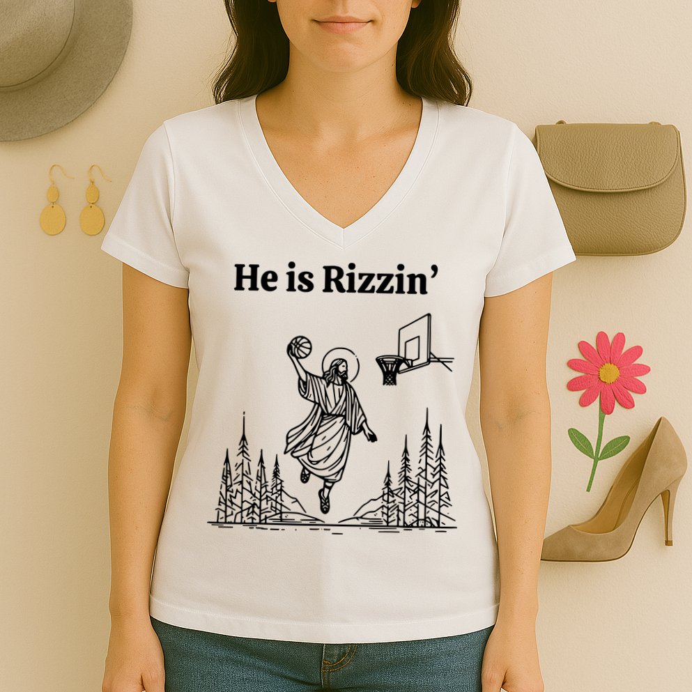 He Is Rizzin Basketball Jesus Funny Easter Christian Women's V-Neck T-Shirt