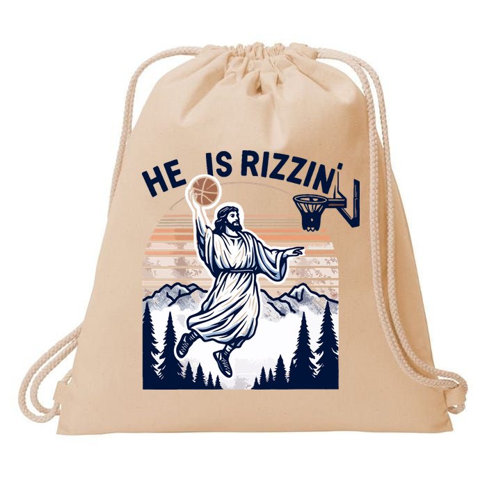 He Is Rizzin Basketball Jesus Retro Easter Christian Drawstring Bag
