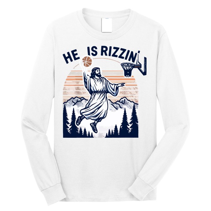 He Is Rizzin Basketball Jesus Retro Easter Christian Long Sleeve Shirt