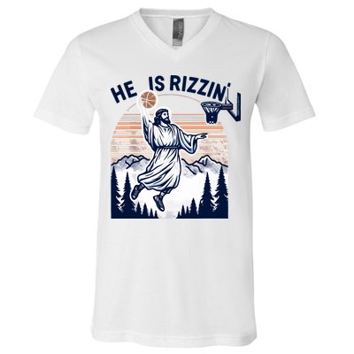 He Is Rizzin Basketball Jesus Retro Easter Christian V-Neck T-Shirt