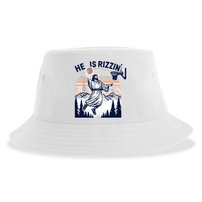 He Is Rizzin Basketball Jesus Retro Easter Christian Sustainable Bucket Hat