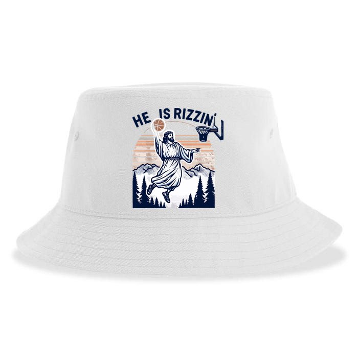 He Is Rizzin Basketball Jesus Retro Easter Christian Sustainable Bucket Hat