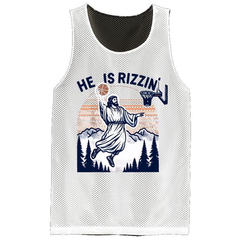 He Is Rizzin Basketball Jesus Retro Easter Christian Mesh Reversible Basketball Jersey Tank