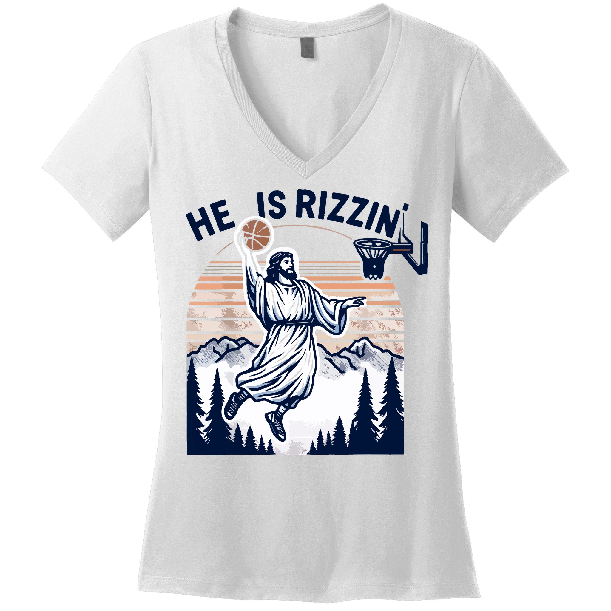 He Is Rizzin Basketball Jesus Retro Easter Christian Women's V-Neck T-Shirt