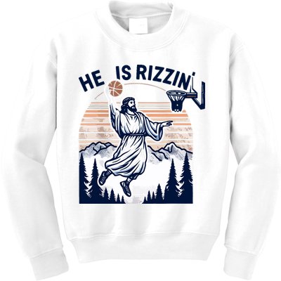 He Is Rizzin Basketball Jesus Retro Easter Christian Kids Sweatshirt