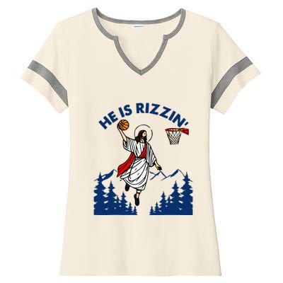 He Is Rizzin Jesus Basketball Easter Religious Ladies Halftime Notch Neck Tee